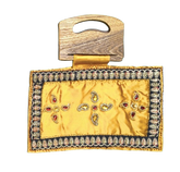 Handmade Mustard Yellow Satin Handbag with Wooden Handle | Embellished Evening Clutch