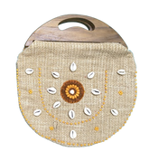 Handmade Light Coffee Brown Jute Handbag with Wooden Handle | Eco-Friendly Round Tote | Shell & Bead Embellished Natural Jute Purse for Women
