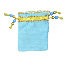 Handmade Sky Blue Potli Bag with Golden Lace & Multicolor Trim | Ethnic Drawstring Potli pouch