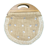 Handmade Jute Handbag with Wooden Handle – Light Coffee Brown Round Purse, Eco-Friendly Rustic Clutch, Boho Chic Women’s Bag