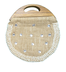 Handmade Jute Handbag with Wooden Handle – Light Coffee Brown Round Purse, Eco-Friendly Rustic Clutch, Boho Chic Women’s Bag