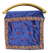 Handmade Navy Blue Satin Handbag with Wooden D Handle | Embroidered Evening Bag