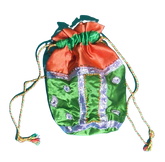 Handmade Satin Potli Bag for Women | Orange Green Ethnic Drawstring Bag with Silver Gota Lace