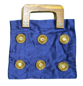 Handmade Navy Blue Satin Handbag with Wooden Handle | Elegant Evening Bag