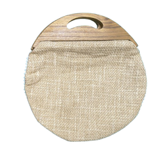 Handmade Jute Handbag with Wooden Handle – Light Coffee Brown Round Purse, Eco-Friendly Rustic Clutch, Boho Chic Women’s Bag
