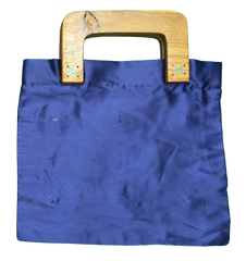 Handmade Navy Blue Satin Handbag with Wooden Handle | Elegant Evening Bag