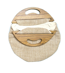 Handmade Jute Handbag with Wooden Handle – Light Coffee Brown Round Purse, Eco-Friendly Rustic Clutch, Boho Chic Women’s Bag