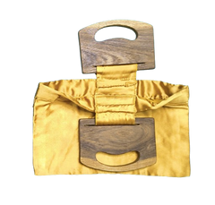 Handmade Mustard Yellow Satin Handbag with Wooden Handle | Embellished Evening Clutch