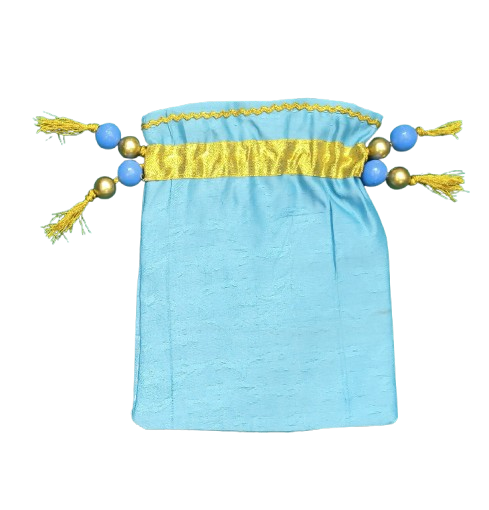 Handmade Sky Blue Potli Bag with Golden Lace | Ethnic Drawstring Pouch with Tassels | Traditional Indian Batwa Bag