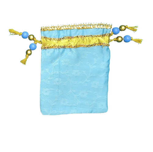 Handmade Sky Blue Potli Bag with Golden Lace & Multicolor Trim | Ethnic Drawstring Potli pouch