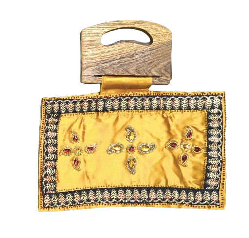 Handmade Mustard Yellow Satin Handbag with Wooden Handle | Embellished Evening Clutch