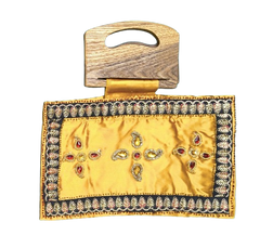 Handmade Mustard Yellow Satin Handbag with Wooden Handle | Embellished Evening Clutch