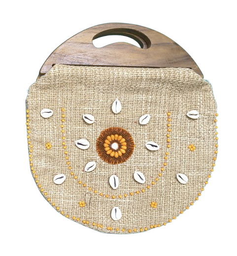Handmade Light Coffee Brown Jute Handbag with Wooden Handle | Eco-Friendly Round Tote | Shell & Bead Embellished Natural Jute Purse for Women