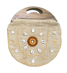 Handmade Light Coffee Brown Jute Handbag with Wooden Handle | Eco-Friendly Round Tote | Shell & Bead Embellished Natural Jute Purse for Women