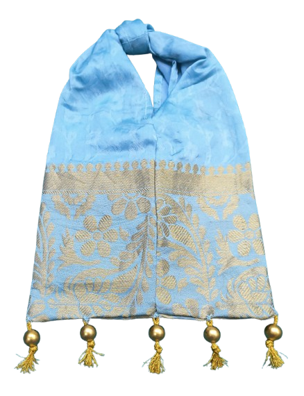 Handmade Sky-Blue Brocade shoulder Bag with Golden Weaving & Tassels