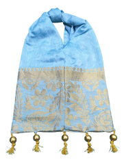 Handmade Sky-Blue Brocade shoulder Bag with Golden Weaving & Tassels
