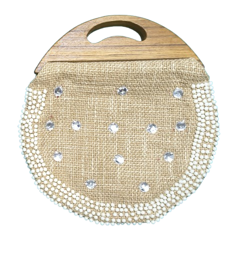 Handmade Jute Handbag with Wooden Handle – Light Coffee Brown Round Purse, Eco-Friendly Rustic Clutch, Boho Chic Women’s Bag