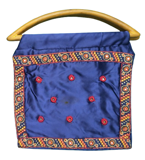 Handmade Navy Blue Satin Handbag with Wooden D Handle | Embroidered Evening Bag