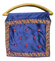 Handmade Navy Blue Satin Handbag with Wooden D Handle | Embroidered Evening Bag
