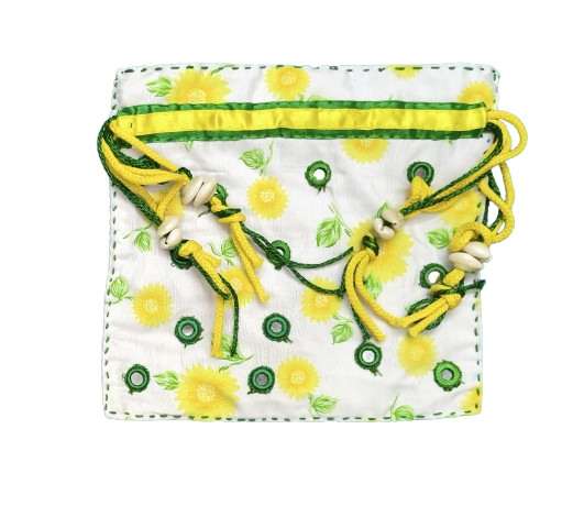 Handmade White Floral Potli Bag | Ethnic Drawstring Pouch with Yellow Flowers
