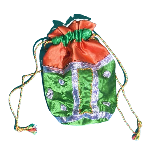 Handmade Satin Potli Bag for Women | Orange Green Ethnic Drawstring Bag with Silver Gota Lace
