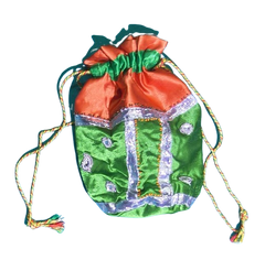Handmade Satin Potli Bag for Women | Orange Green Ethnic Drawstring Bag with Silver Gota Lace