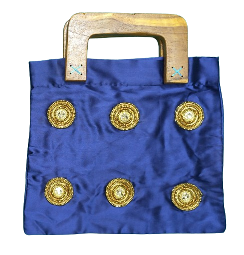 Handmade Navy Blue Satin Handbag with Wooden Handle | Elegant Evening Bag