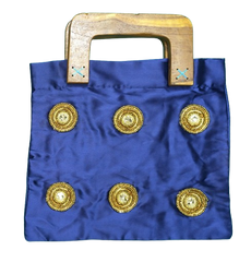 Handmade Navy Blue Satin Handbag with Wooden Handle | Elegant Evening Bag