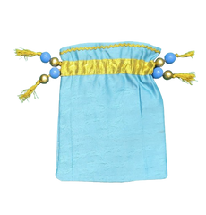 Handmade Sky Blue Potli Bag with Golden Lace | Ethnic Drawstring Pouch with Tassels | Traditional Indian Batwa Bag
