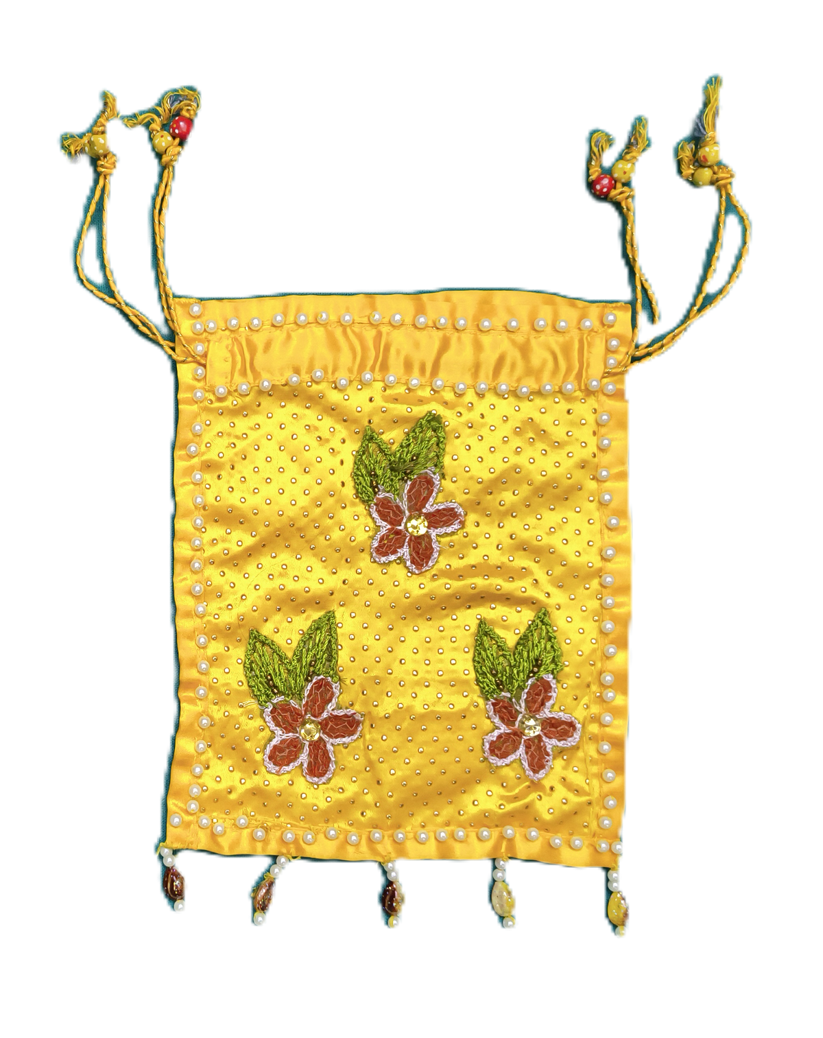 Handmade Yellow Satin Potli Bag for Women | Embroidered Floral Drawstring Pouch | Ethnic Wedding Clutch with Beads & Tassels