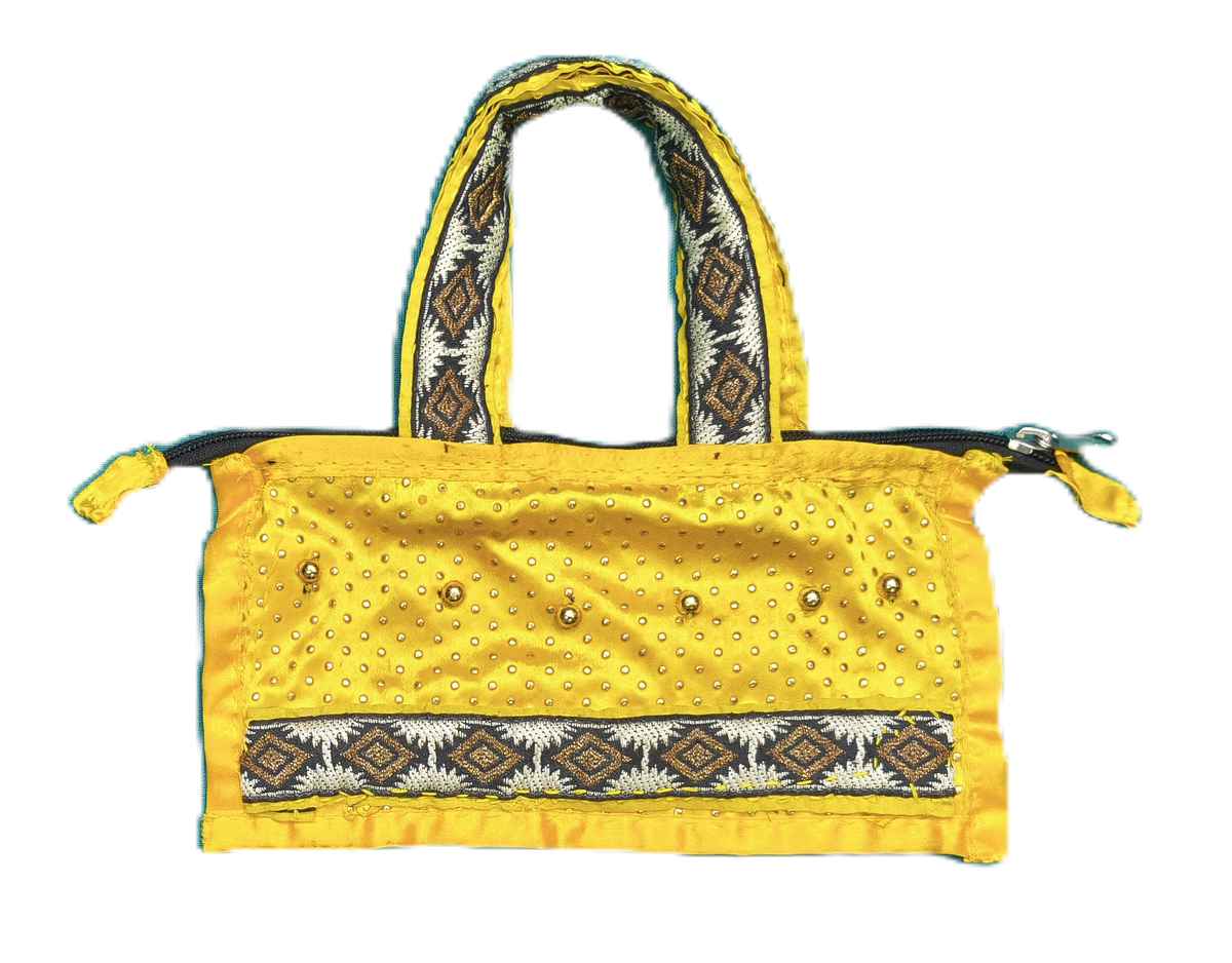 Handmade Yellow Satin Bag with Golden Polka Dots