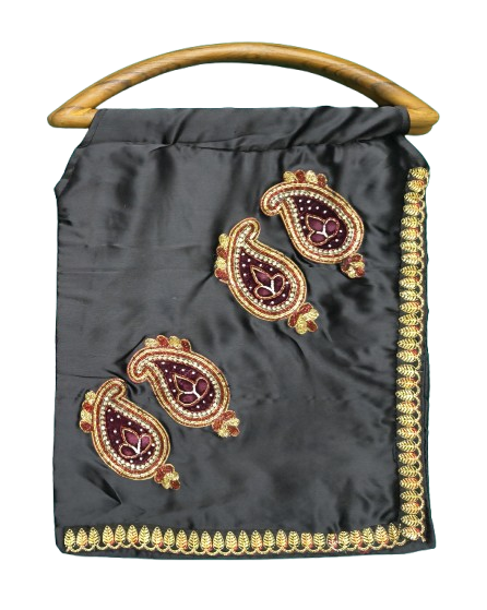 Handmade Black Satin Handbag with Wooden D Handle