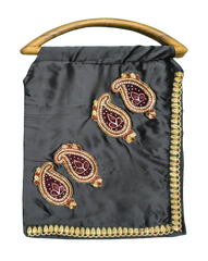Handmade Black Satin Handbag with Wooden D Handle