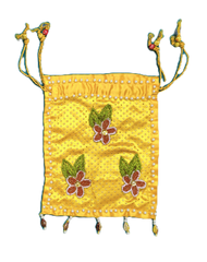 Handmade Yellow Satin Potli Bag for Women | Embroidered Floral Drawstring Pouch | Ethnic Wedding Clutch with Beads & Tassels