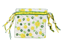 Handmade White Floral Potli Bag | Ethnic Drawstring Pouch with Yellow Flowers