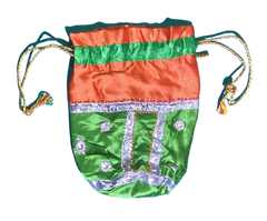 Handmade Satin Potli Bag for Women | Orange Green Ethnic Drawstring Bag with Silver Gota Lace
