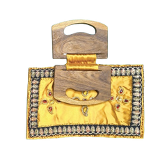 Handmade Mustard Yellow Satin Handbag with Wooden Handle | Embellished Evening Clutch