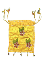 Handmade Yellow Satin Potli Bag for Women | Embroidered Floral Drawstring Pouch | Ethnic Wedding Clutch with Beads & Tassels