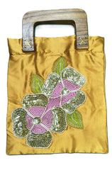 Mustard Yellow Satin bag with U shaped Wooden Handle