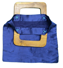 Handmade Navy Blue Satin Handbag with Wooden Handle | Elegant Evening Bag