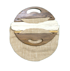 Handmade Light Coffee Brown Jute Handbag with Wooden Handle | Eco-Friendly Round Tote | Shell & Bead Embellished Natural Jute Purse for Women