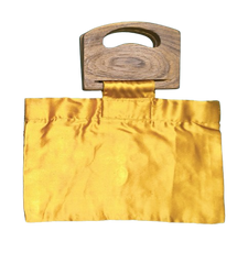 Handmade Mustard Yellow Satin Handbag with Wooden Handle | Embellished Evening Clutch